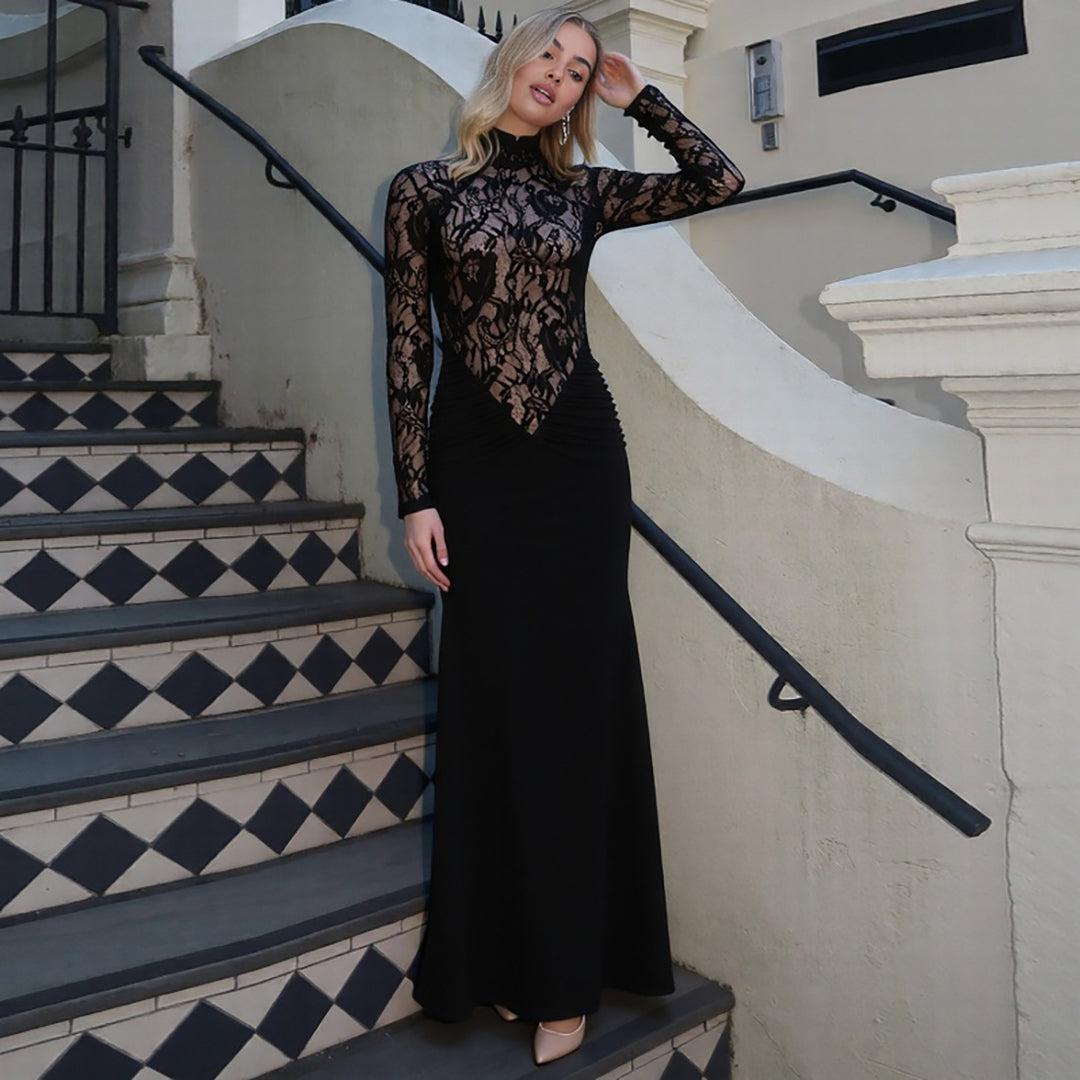 Damen Elegantes Maxikleid mit transparentem Spitzenoberteil und figurbetontem Schnitt Echo Archiv