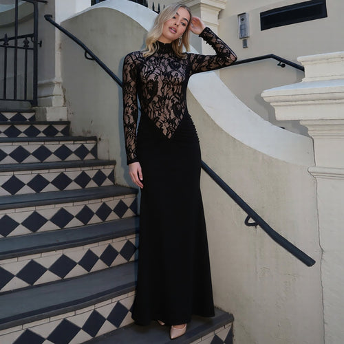 Damen Elegantes Maxikleid mit transparentem Spitzenoberteil und figurbetontem Schnitt Echo Archiv