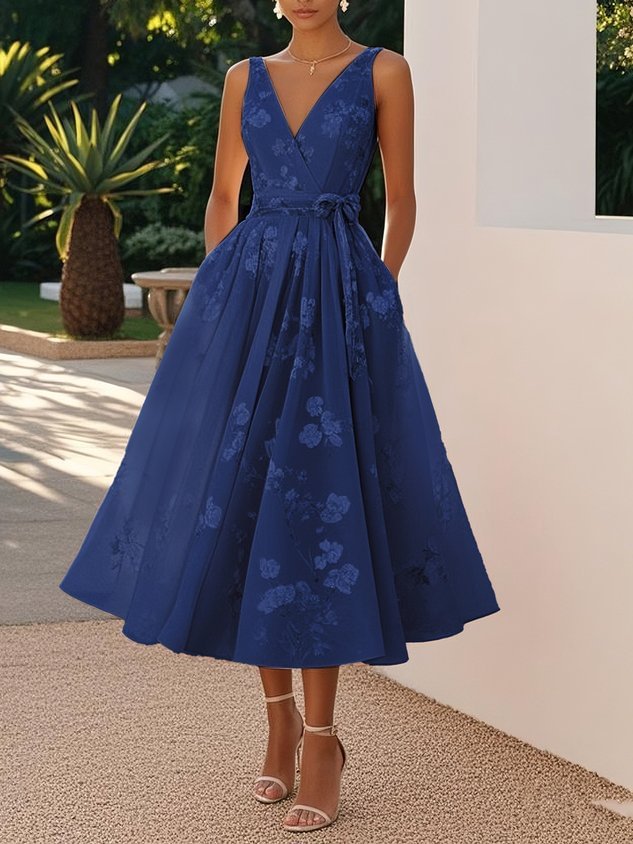Damen Elegantes Blumenkleid mit tiefem V-Ausschnitt und Taillengürtel Echo Archiv