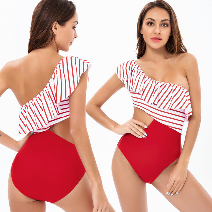 Damen Einteiler Badeanzug mit asymmetrischem Schnitt und raffinierten Rüschendetails Echo Archiv