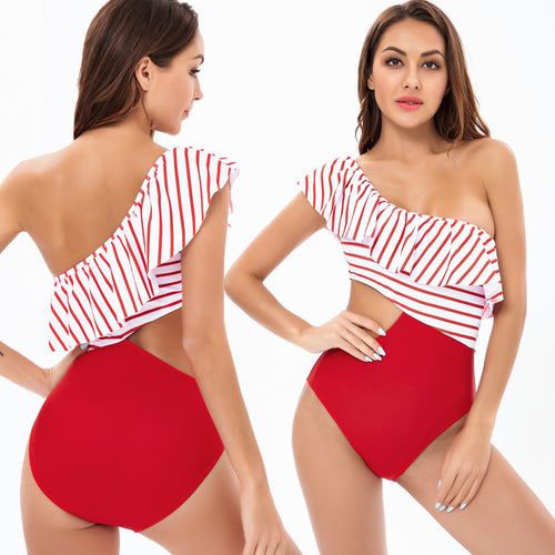Damen Einteiler Badeanzug mit asymmetrischem Schnitt und raffinierten Rüschendetails Echo Archiv