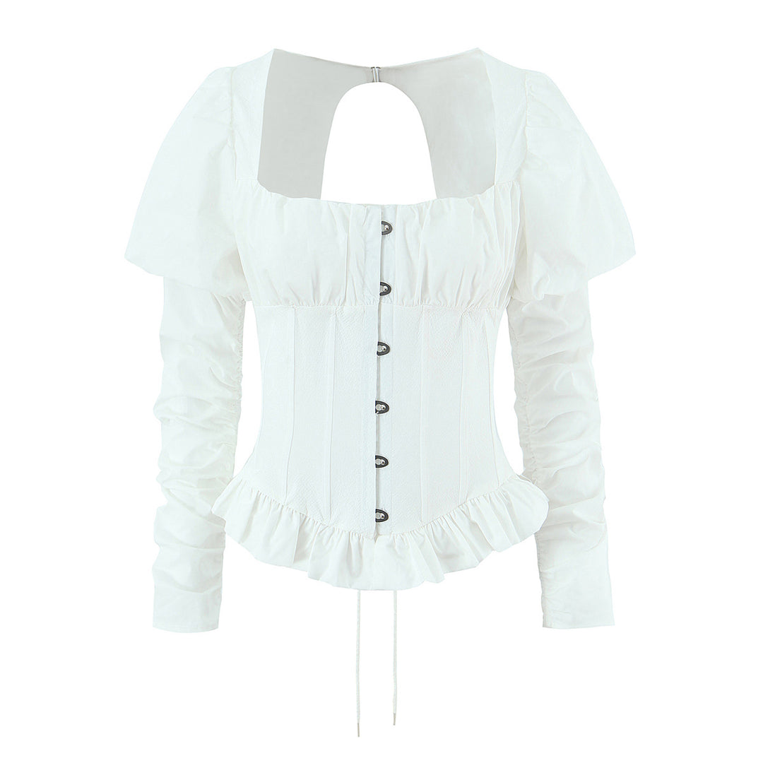 Damen Corsagenbluse mit Puffärmeln, Rüschen-Saum und Schnürdetail Echoarchiv