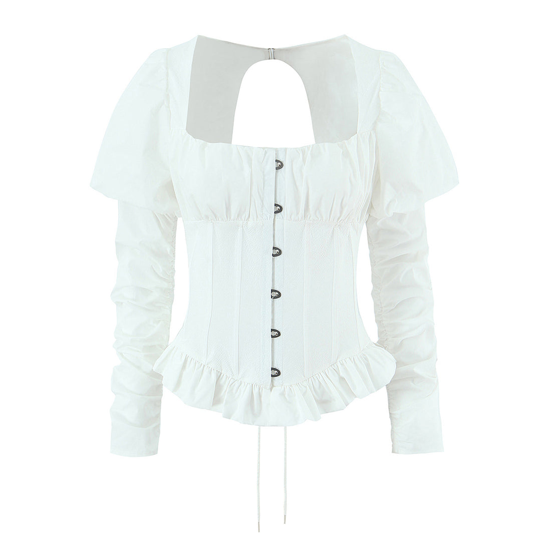 Damen Corsagenbluse mit Puffärmeln, Rüschen-Saum und Schnürdetail Echoarchiv