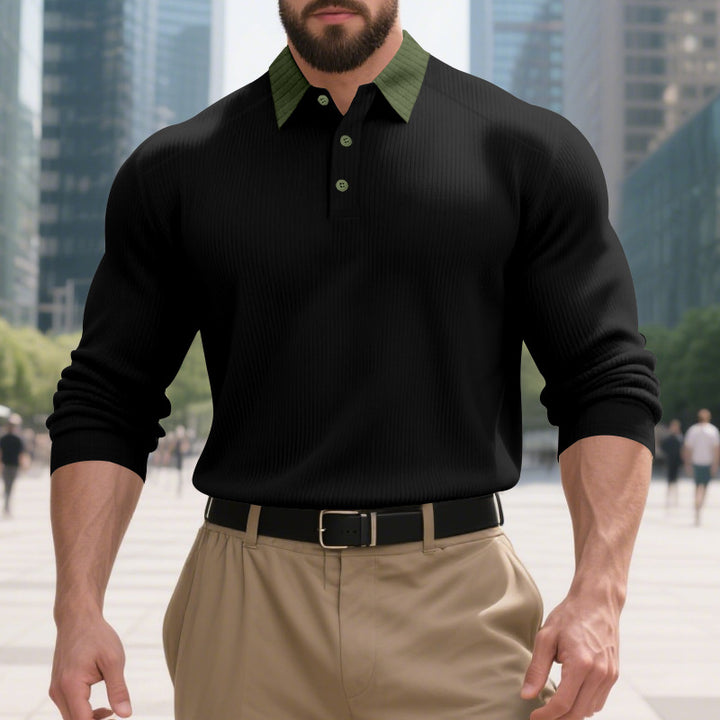 Herren langärmliges Polo-Hemd mit strukturierter Oberfläche und innovativem Kragen Echoarchiv