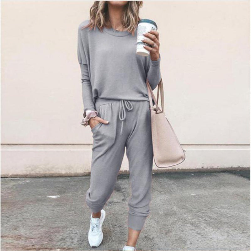 Damen Lässiges Lounge-Set mit Rundhalsausschnitt, Kordelzug-Hose und Bündchen – Élanora