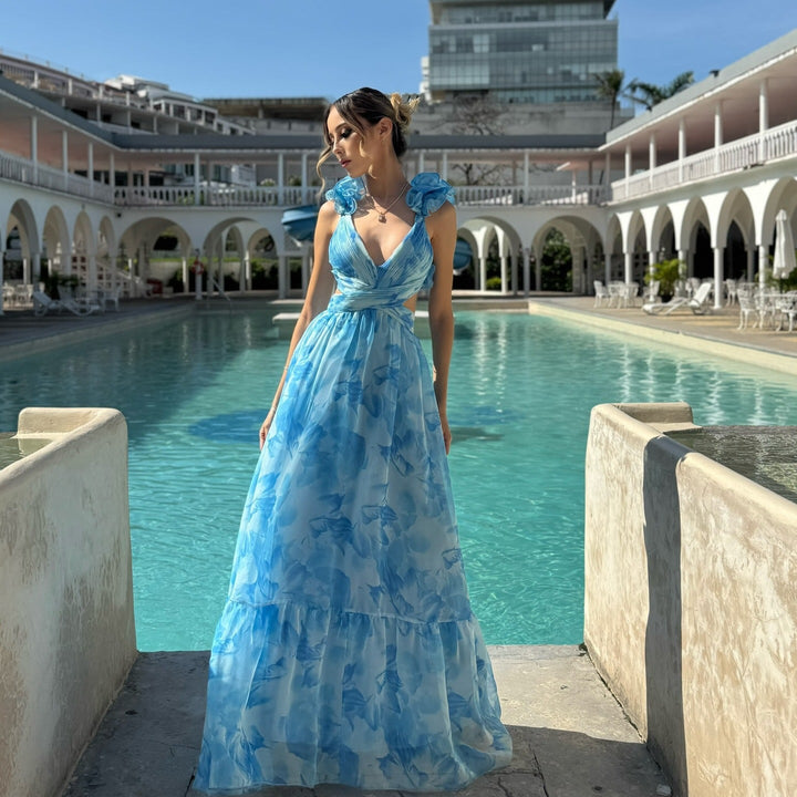Damen Maxikleid mit luftigen Rüschendetails und ausgefallenem Wickeldesign Echoarchiv