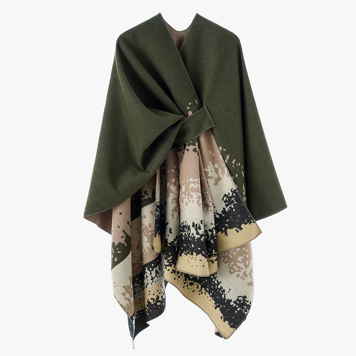 Damen Reversibler Wollmix-Capeponcho mit Bindegürtel und abstraktem Farbverlauf – Montévia