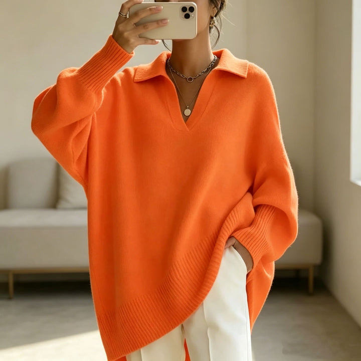 Damen Oversize-Polokragen V-Ausschnitt Strickpullover mit Ballonärmeln – Mavelle