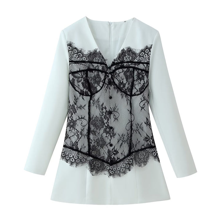 Damen Elegante Bluse mit Spitzen‑Corset‑Applikation und V‑Ausschnitt Echoarchiv
