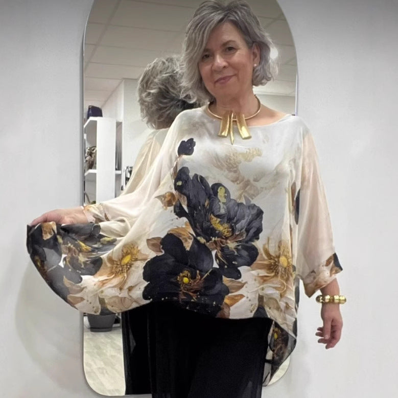 Damen nan luftige Chiffon-Tunika mit Fledermausärmeln asymmetrischem Saum und floralem Druck Echo Archiv