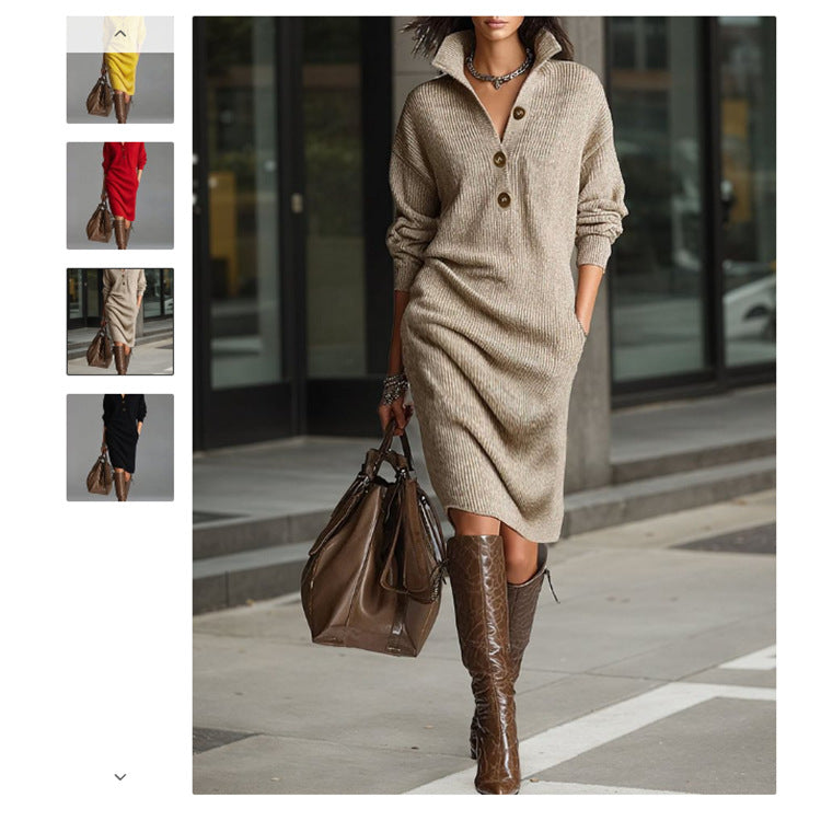 Damen nan gestricktes Pulloverkleid mit Polokragen, Eingrifftaschen und lässiger Passform Echo Archiv