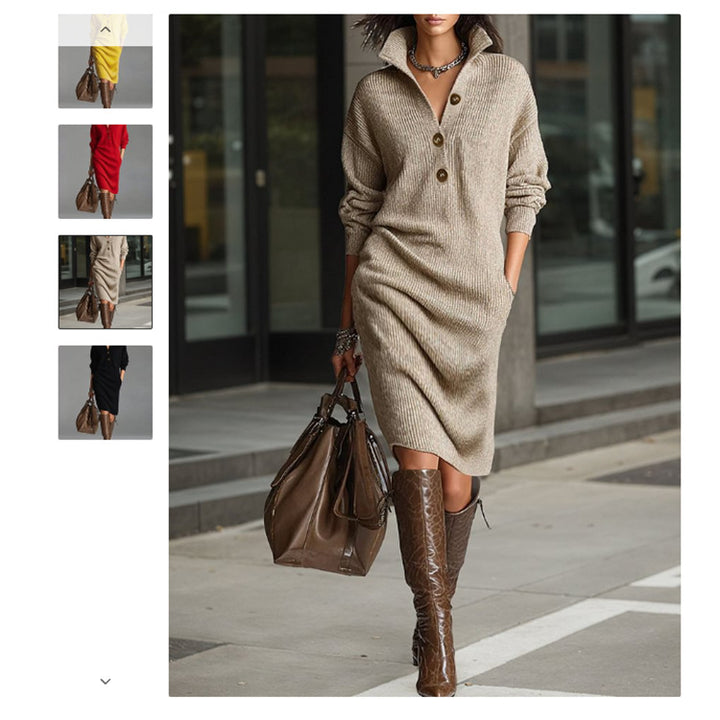 Damen nan gestricktes Pulloverkleid mit Polokragen, Eingrifftaschen und lässiger Passform Echo Archiv