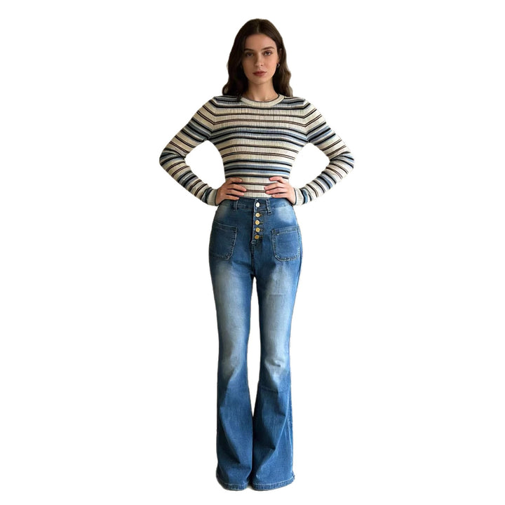 Damen Flared Jeans mit Knopfdetail und hohem Bund Echo Archiv