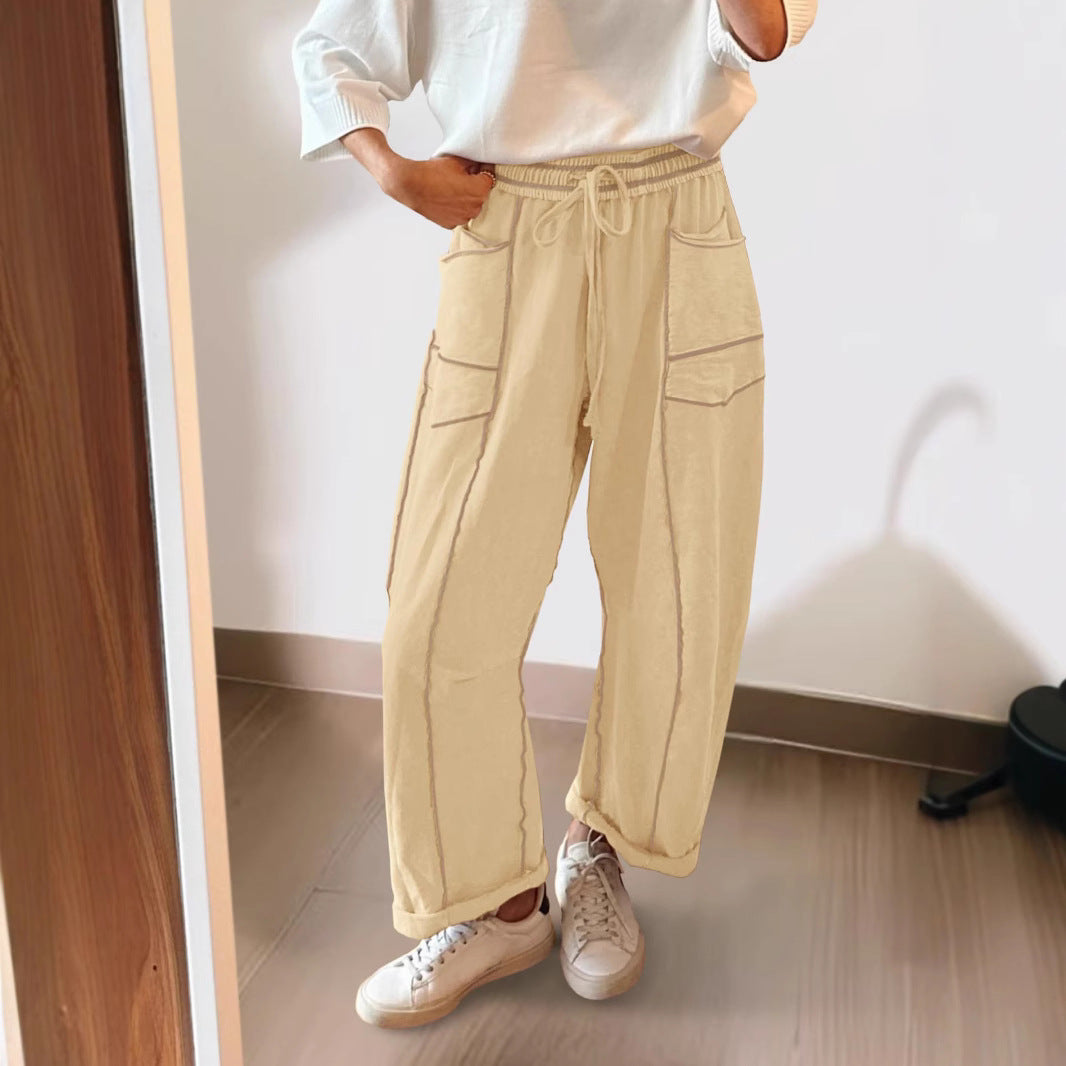 Damen weite Cargo-Loungehose mit elastischem Bund und Kontrastnähten – Avérine