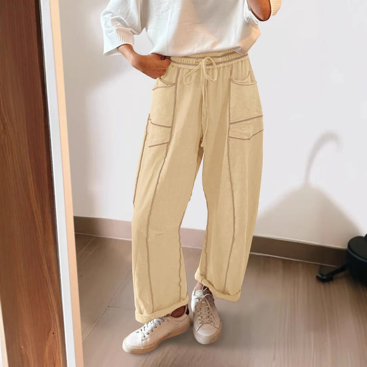 Damen weite Cargo-Loungehose mit elastischem Bund und Kontrastnähten – Avérine