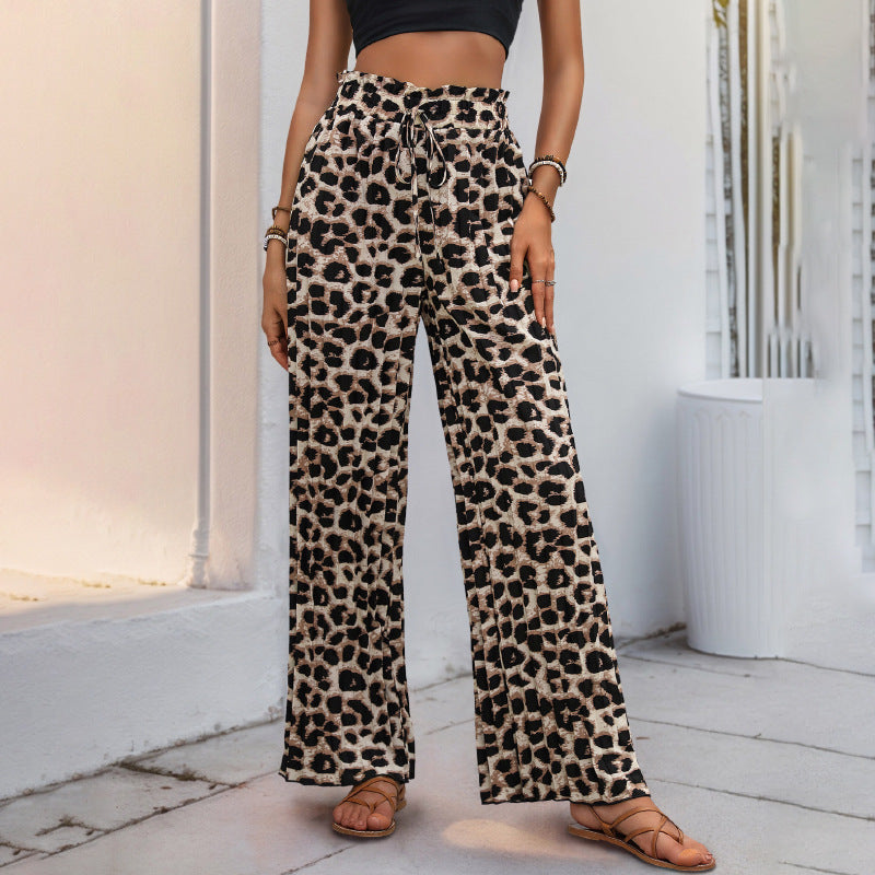 Damen Leichte Palazzo-Hose mit elastischem Bund, Bindekordel und Animal-Print Echoarchiv