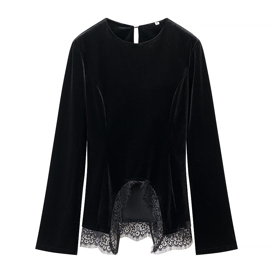 Damen Samtbluse mit Spitzen-Insert und asymmetrischem Spitzensaum Echo Archiv