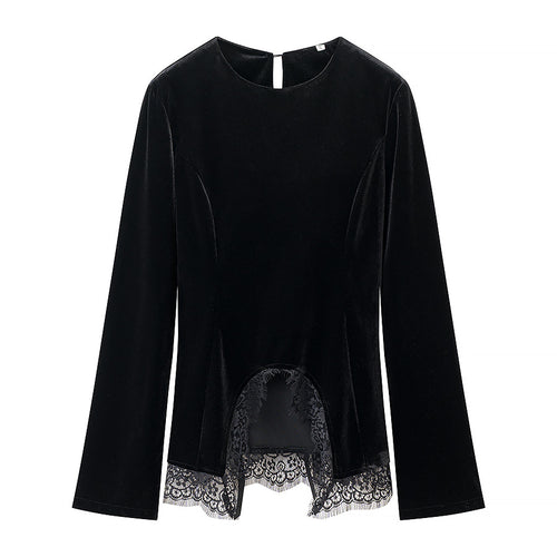 Damen Samtbluse mit Spitzen-Insert und asymmetrischem Spitzensaum Echo Archiv