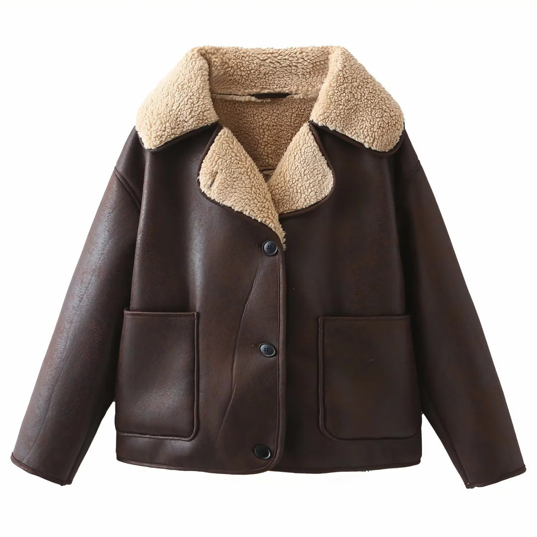 Damen kastige Kunstleder‑Schaffelljacke mit großem Teddykragen, aufgesetzten Fronttaschen und Knopfverschluss – Célinea