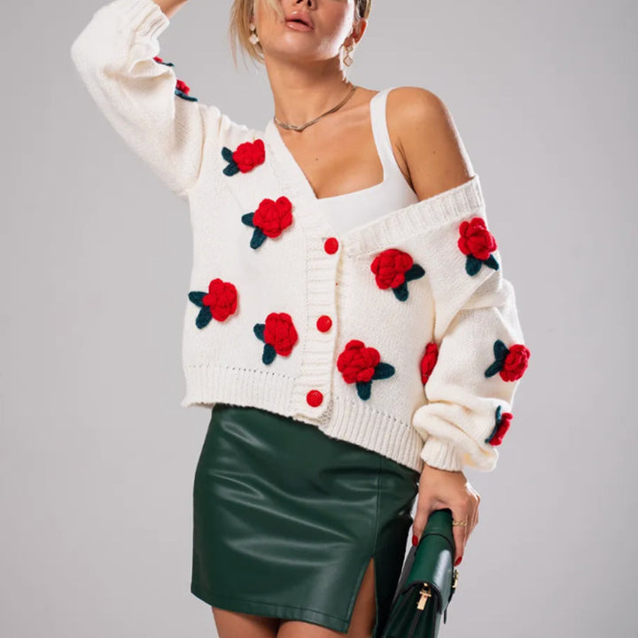 Damen Geblümter Strick-Cardigan mit 3D-Blumenapplikationen und V-Ausschnitt – Veloura