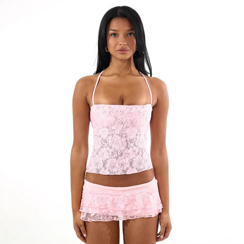 Damen Spaghetti-Träger Crop-Top mit Spitzenmuster Echo Archiv