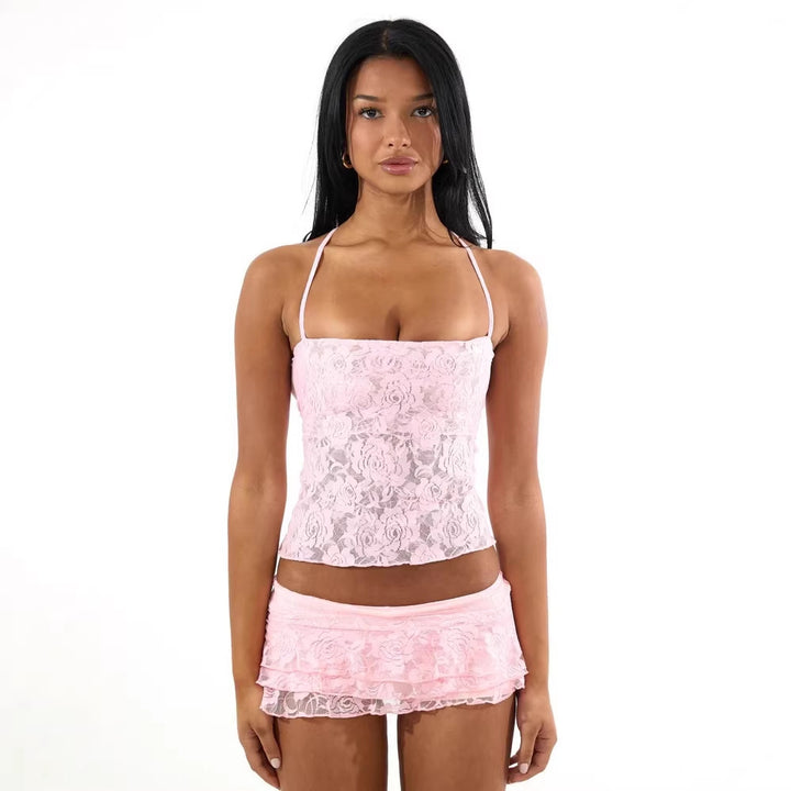 Damen Spaghetti-Träger Crop-Top mit Spitzenmuster Echo Archiv