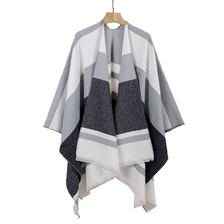 Damen Leichter Capeponcho aus Feinstrick mit geometrischem Blockstreifen-Design – Célinea