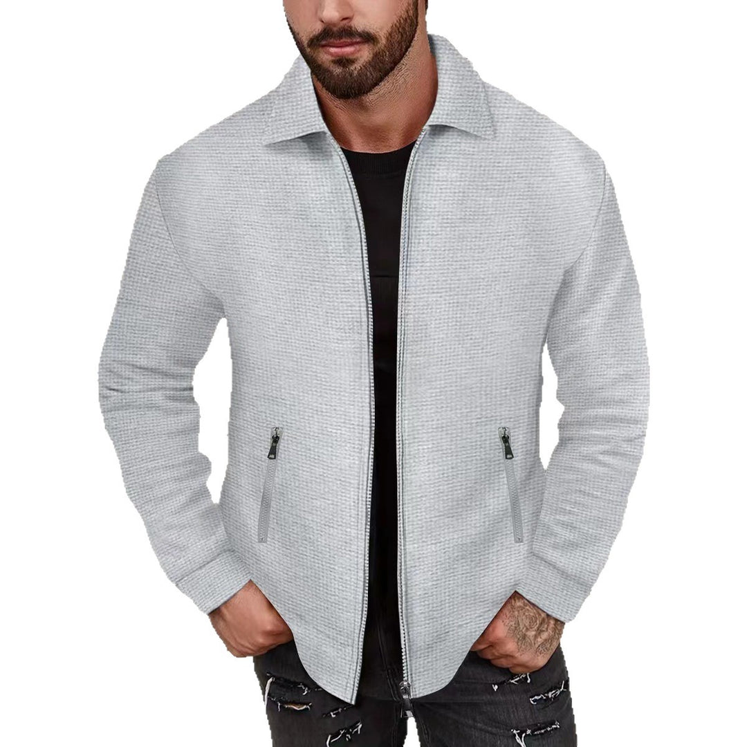 Herren minimalistische Stehkragen-Feinstrick-Übergangsjacke mit Zwei-Wege-Reißverschluss und verdeckten Reißverschlusstaschen – Taviero