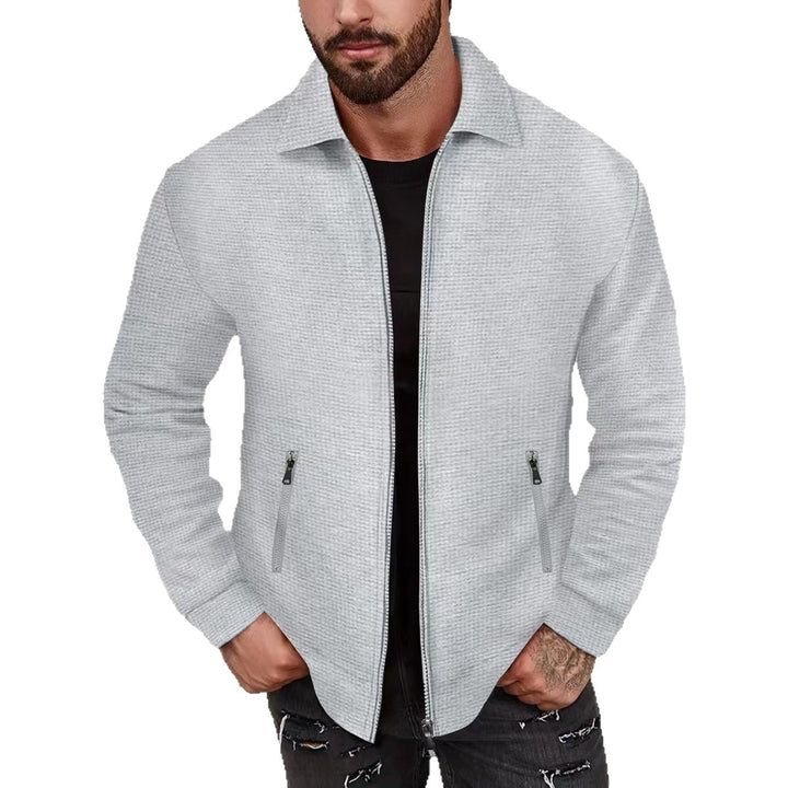 Herren minimalistische Stehkragen-Feinstrick-Übergangsjacke mit Zwei-Wege-Reißverschluss und verdeckten Reißverschlusstaschen – Taviero