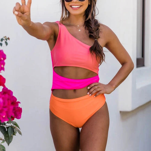 Damen Sportlicher Bikini mit asymmetrischem Oberteil und hohem Bund Echo Archiv