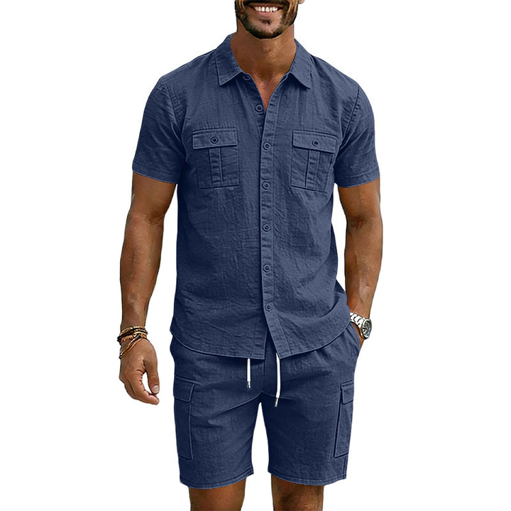 Herren nan sommerliches Kurzarm-Hemd- und Cargo-Bermudas-Set aus Leinenmix mit Brustklappen und Tunnelzugbund Echo Archiv