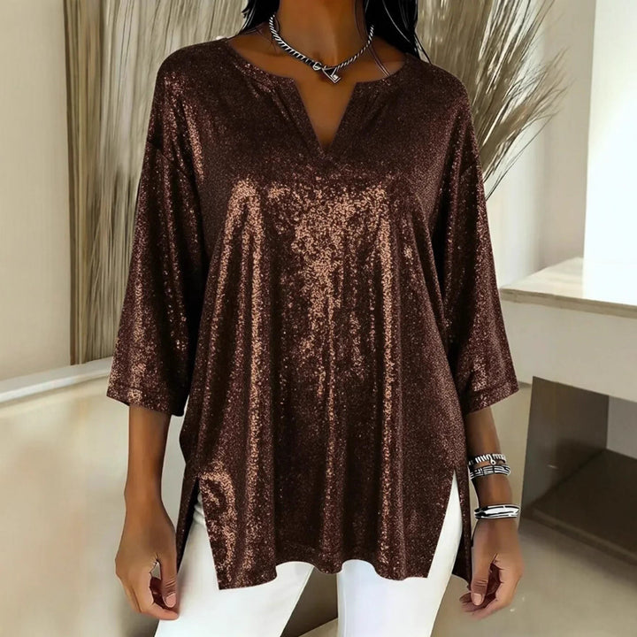 Damen Glitzerndes Oversize-Longshirt mit V-Ausschnitt und seitlichen Schlitzen Echoarchiv