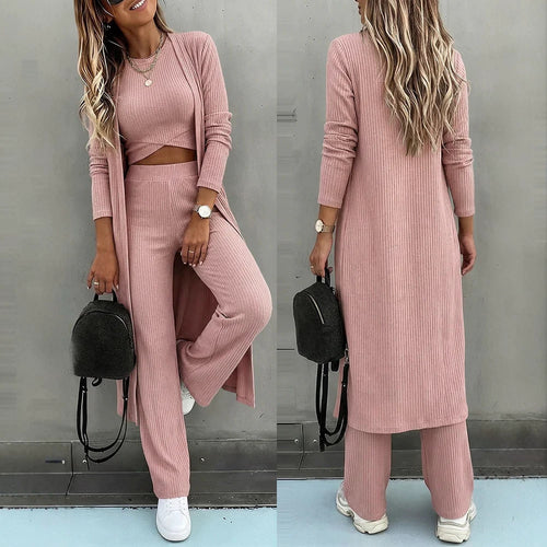 Damen Dreiteiliges Rippstrick-Loungewear-Set mit Longcardigan, bauchfreiem Top und weiter Palazzohose – Élanora