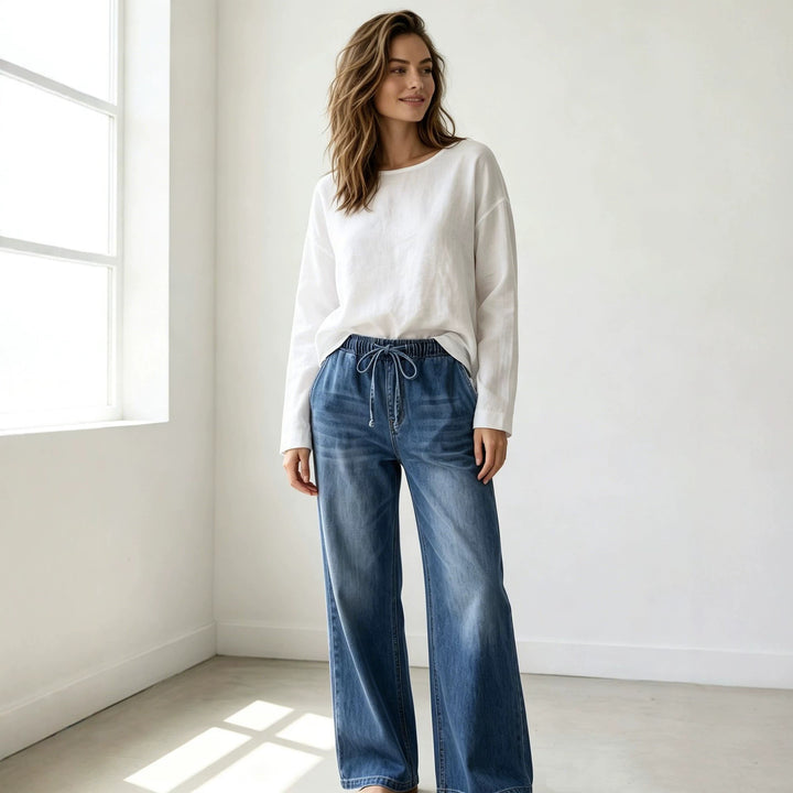 Damen nan Relaxed-Fit Denim-Hose mit elastischem Tunnelzugbund, dezentem Used-Effekt und weitem Bein Echo Archiv