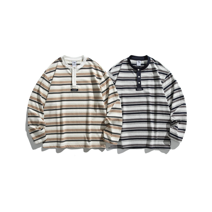 Unisex Oversize-Henleyshirt mit Knopfleiste, Streifenstruktur und geripptem Halsbund Echoarchiv
