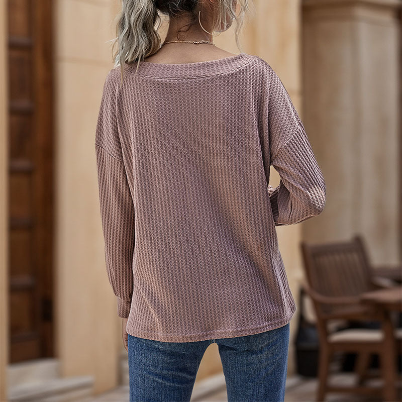 Damen Waffelstrick-Longsleeve mit V-Ausschnitt und überschnittener Schulter – Mavelle