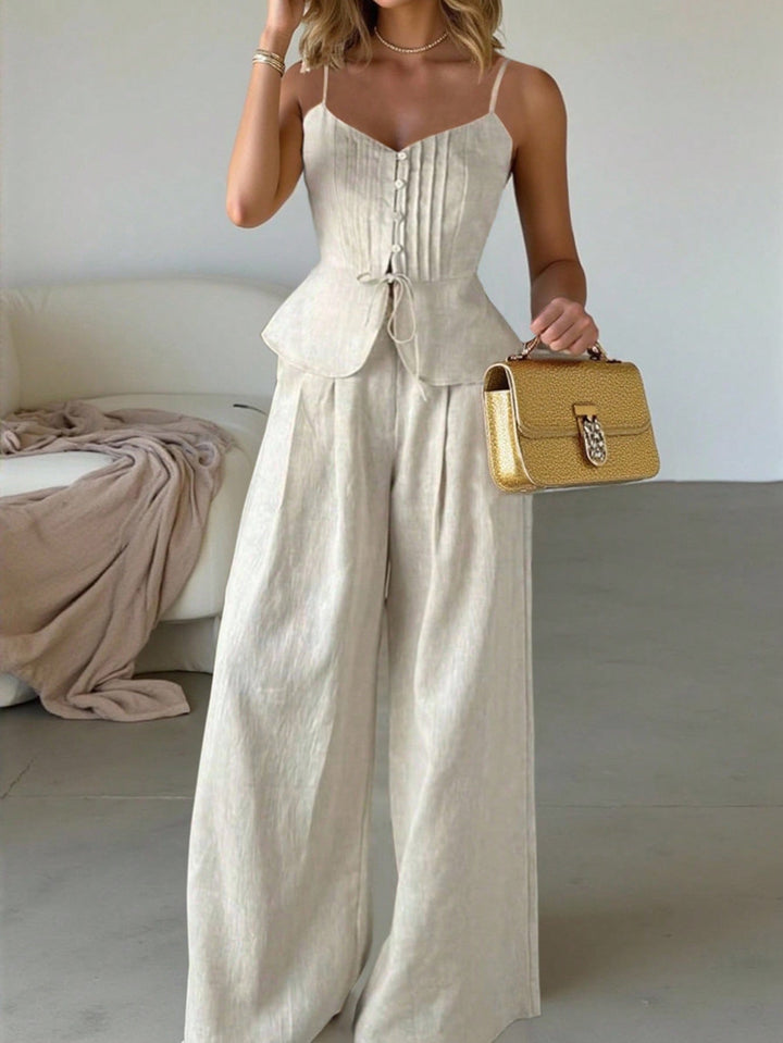 Damen Zweiteiliges Leinen-Set mit korsettartigem Taillentop, Schößchen und weiter Palazzohose – Élanora
