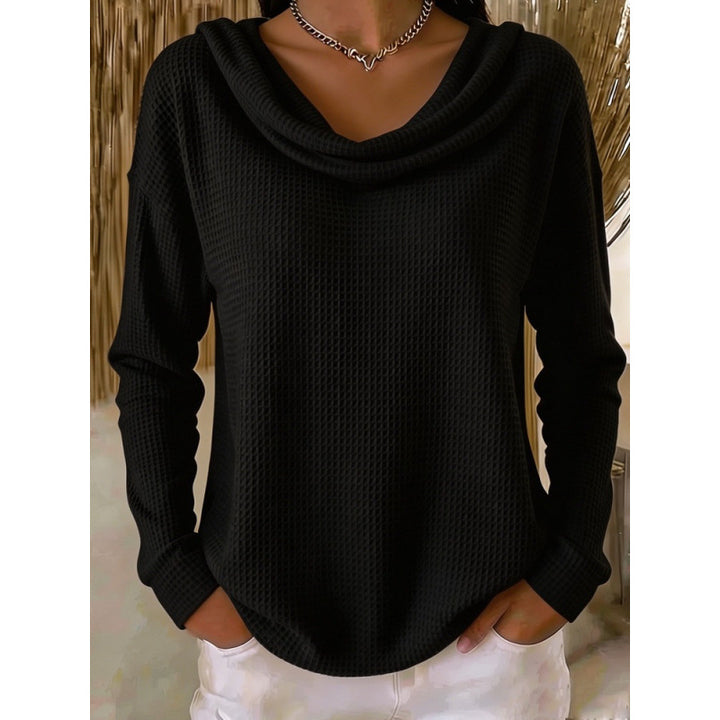 Damen Lässiger Waffelstrick-Pullover mit weitem Wasserfallkragen und gerundetem Saum Echoarchiv