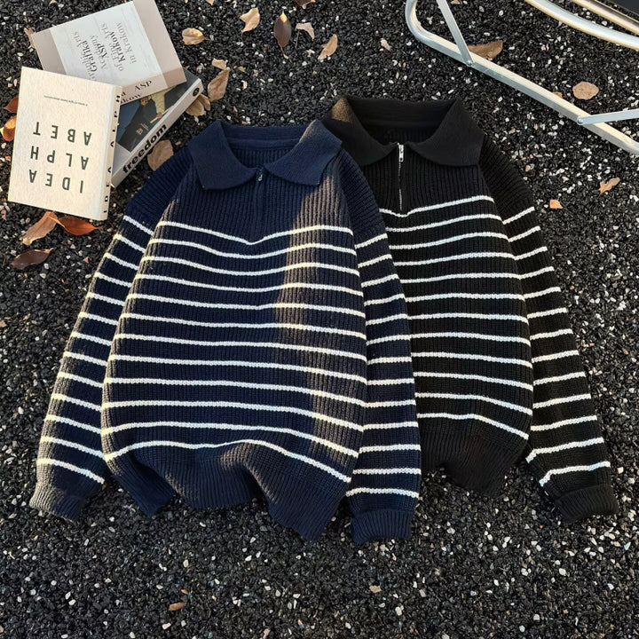 Unisex Grobgestrickter Oversize-Pullover mit halbem Reißverschluss und Polokragen Echoarchiv