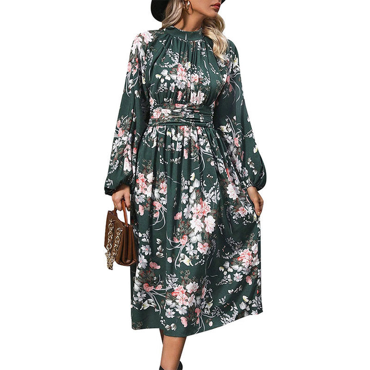 Damen Midikleid mit floralem Alloverprint, Stehkragen und Drapiertem Taillengürtel Echoarchiv