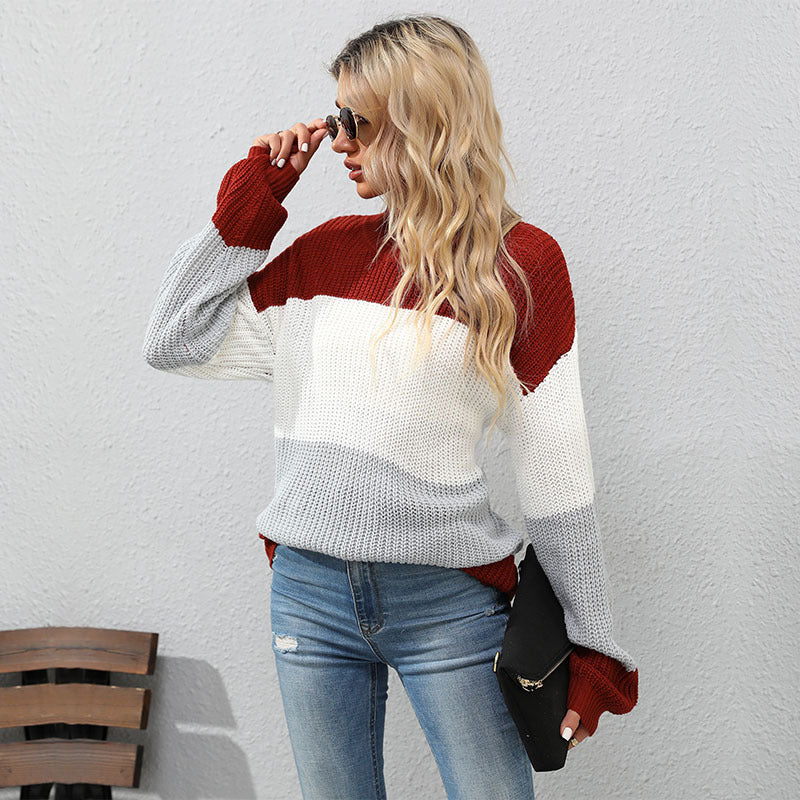 Damen Modischer Strickpullover mit hohem Kragen und Blockstreifen Echo Archiv