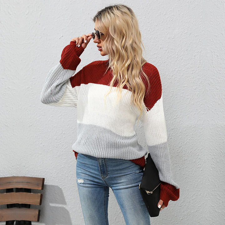 Damen Modischer Strickpullover mit hohem Kragen und Blockstreifen Echo Archiv
