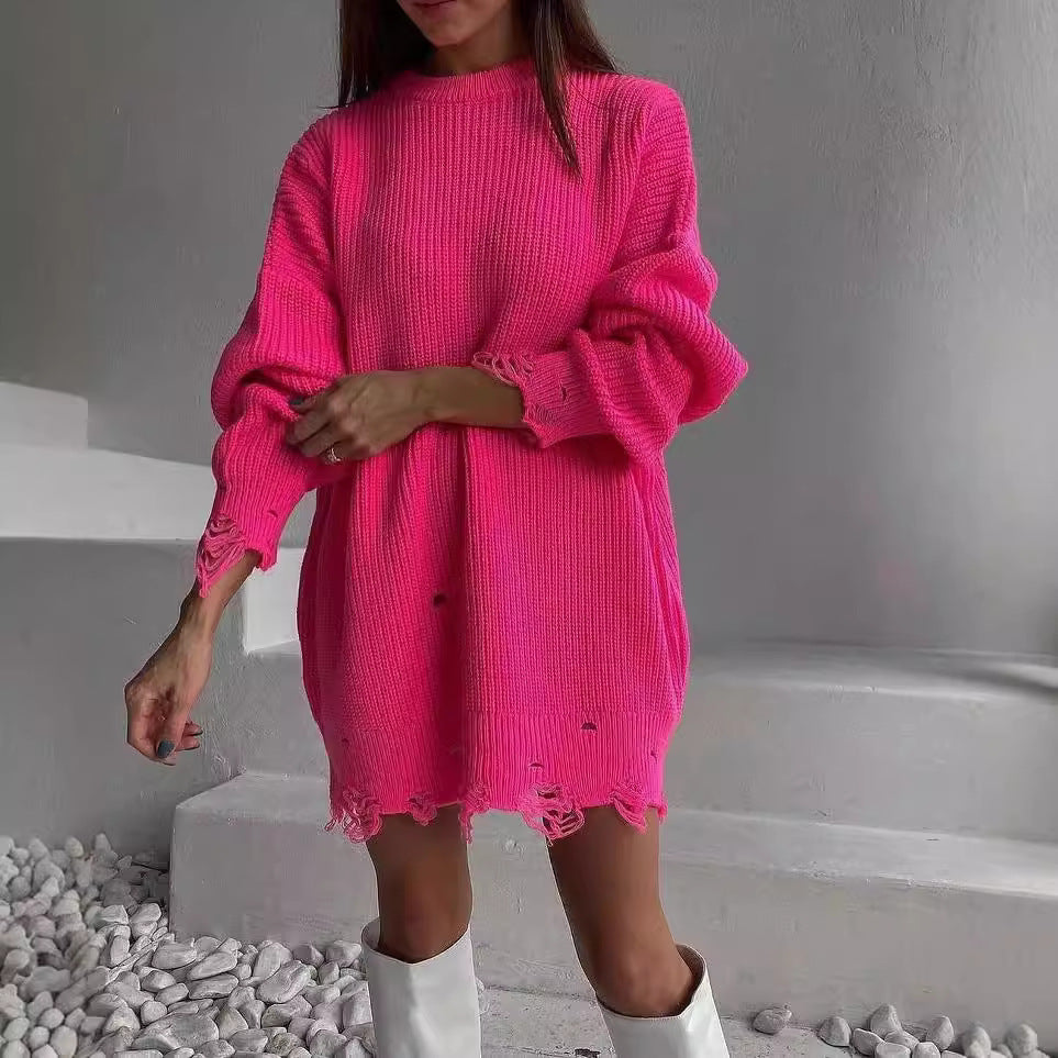 Damen Oversized Strickkleid mit Destroyed-Saum und Ballonärmeln Echoarchiv
