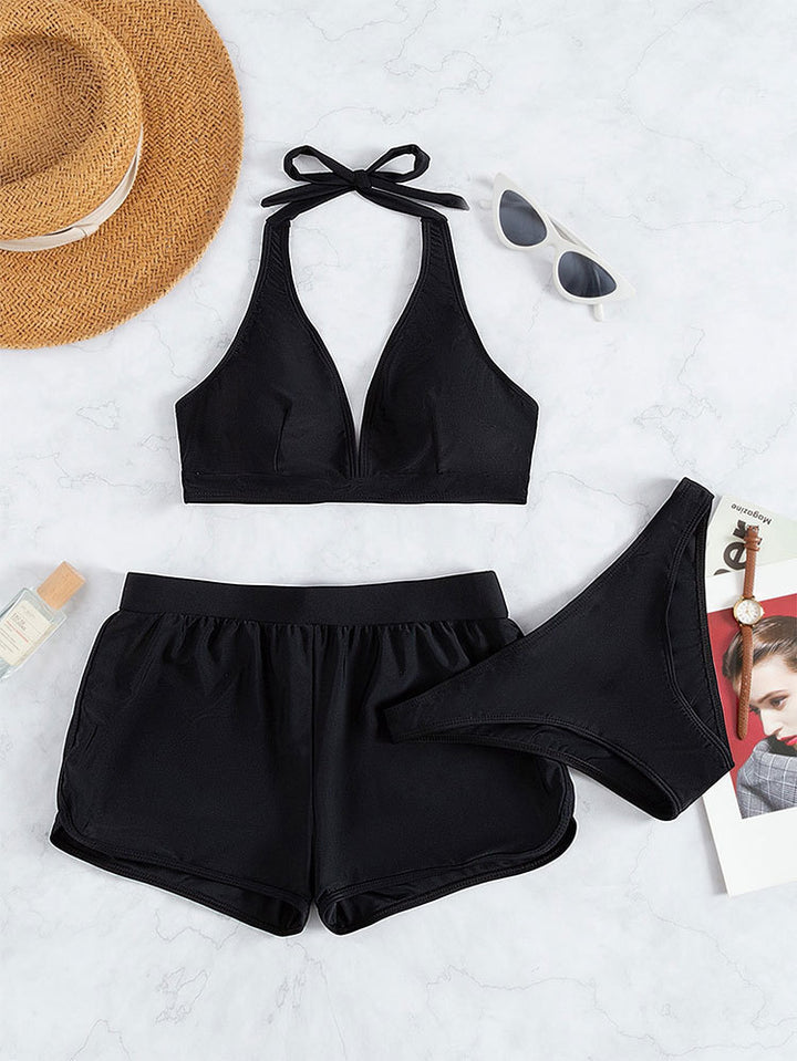 Damen Sportliches Bikini-Set mit hochgeschlossenem Oberteil und lässigen Shorts Echo Archiv