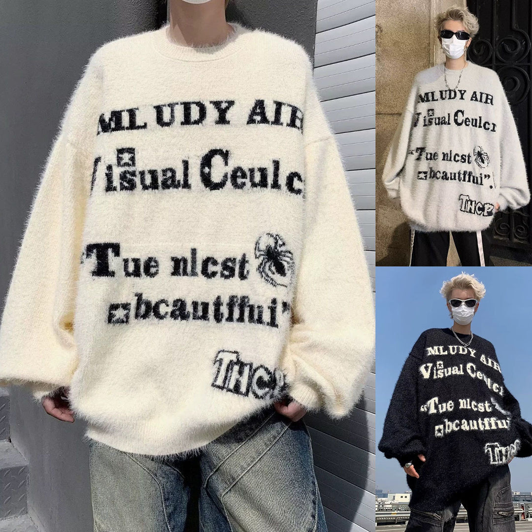 Damen Oversized Strickpullover mit grafischem Schriftzug Echoarchiv