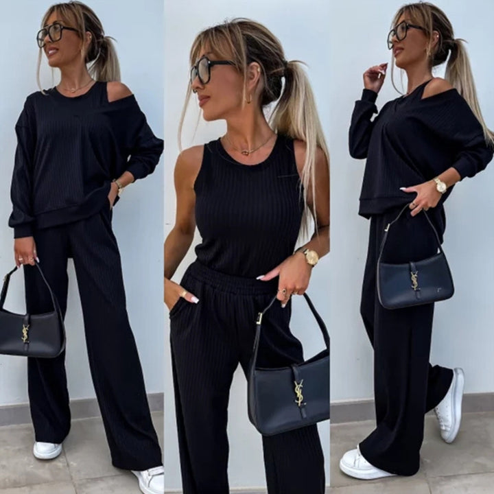 Damen nan elegantes Rippstrick-Zweiteiler Lounge-Set mit einseitigem Schulterfreischnitt und weitem Palazzo-Hosenbein Echo Archiv