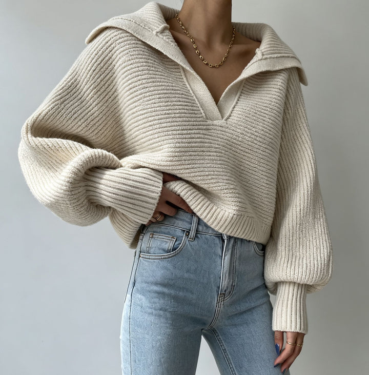 Damen Oversize-Strickpullover mit Matrosenkragen und tiefem V-Ausschnitt – Mavelle