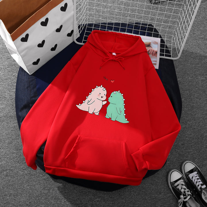 Damen Kapuzenpullover mit niedlicher Dinosaurierpärchen‑Illustration, Oversize‑Schnitt und Kängurutasche – Auréline