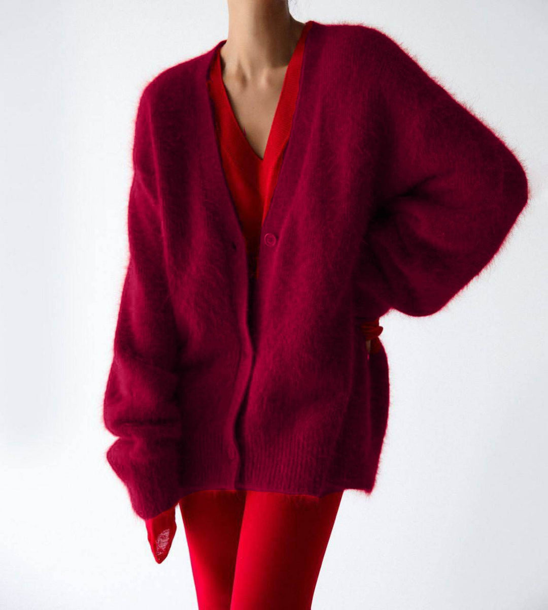 Damen Flauschige Mohair-Optik Strickjacke mit V-Ausschnitt und Oversize-Schnitt Echoarchiv