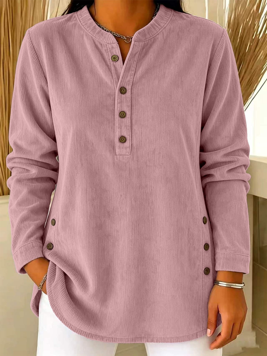 Damen Lässige Cordoptik‑Tunika mit Henley‑Kragen und Seitenknöpfen – Avérine